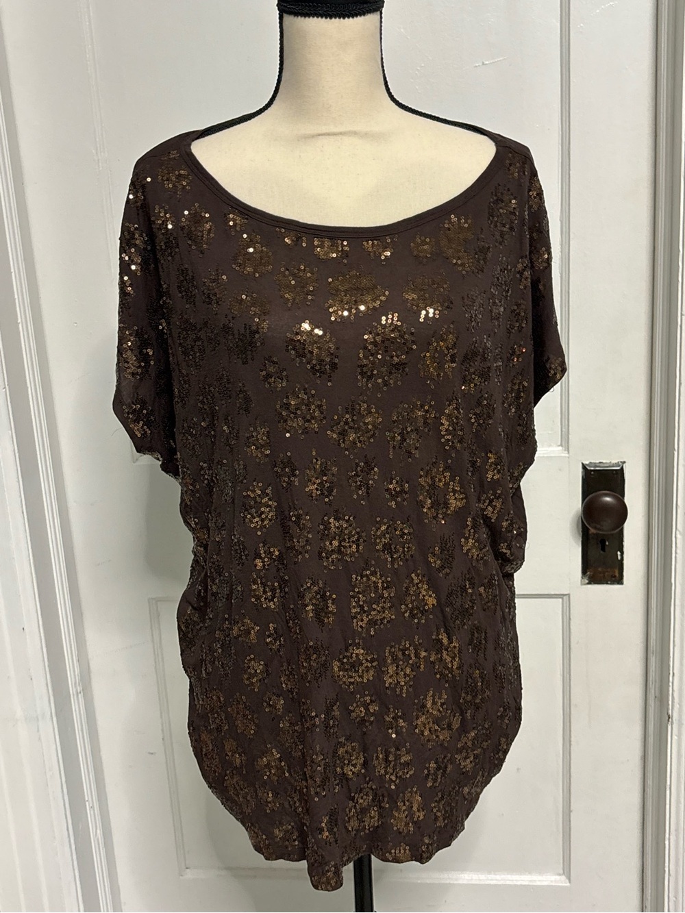 Michael Kors Brown Sequin Short-Sleeve Tunic Top